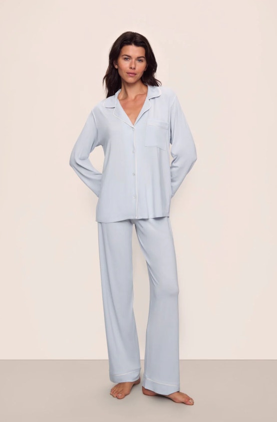 Eberjey Women's Gisele Long Pajama Set Large Ice Blue Ivory Tencel Modal Nwt